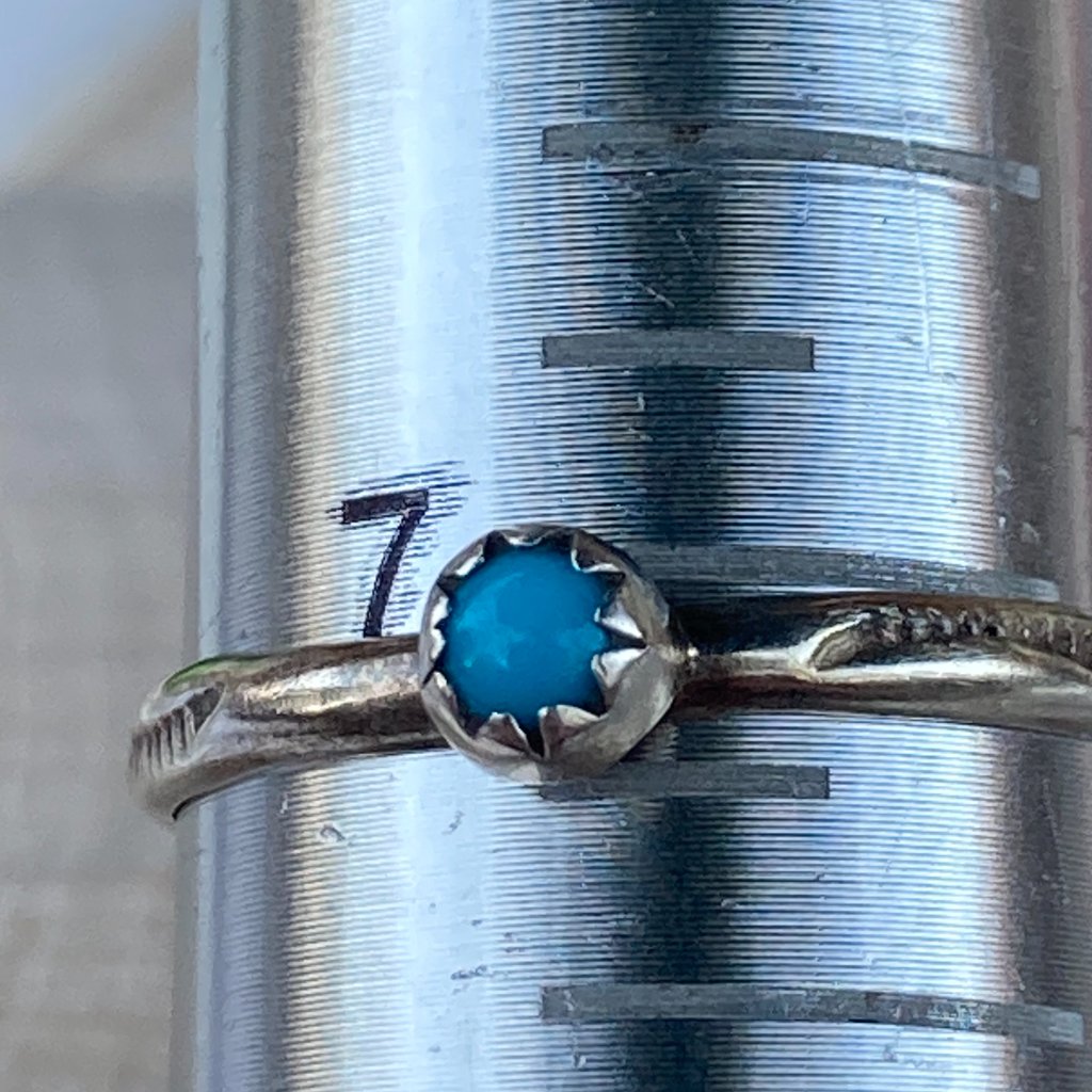 Vintage Stackable Tribal Made Tiny Turquoise Gem In Sterling Silver Setting